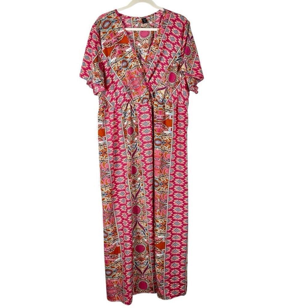 SHEIN Curvy Women's Plus Bohemian Style Red Ditsy Floral Maxi Dress 3XL